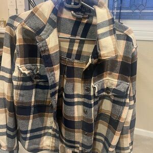 Sanctuary Plaid Button Down Shirt - Navy, Cream, Brown